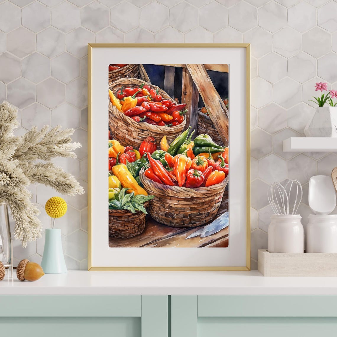 Pepper Harvest Wicker Baskets Colorful Market Watercolor Poster - Image 4