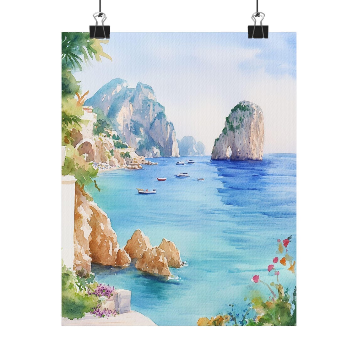 Capri Italy Faraglioni Rocks Turquoise Sea Watercolor Poster