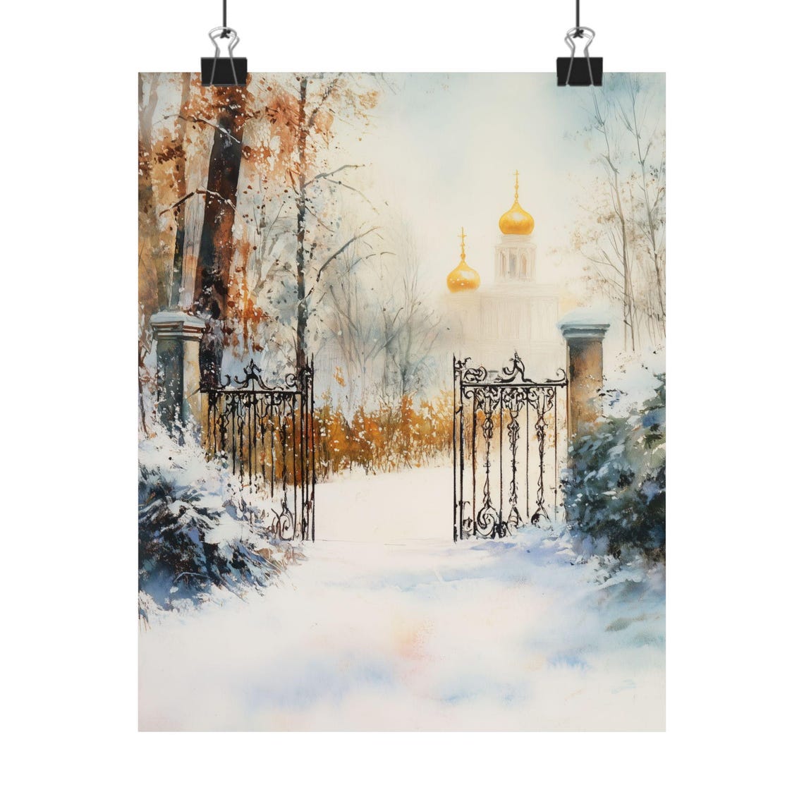Snowy Wrought Iron Garden Gates Golden Domed Church Winter Poster