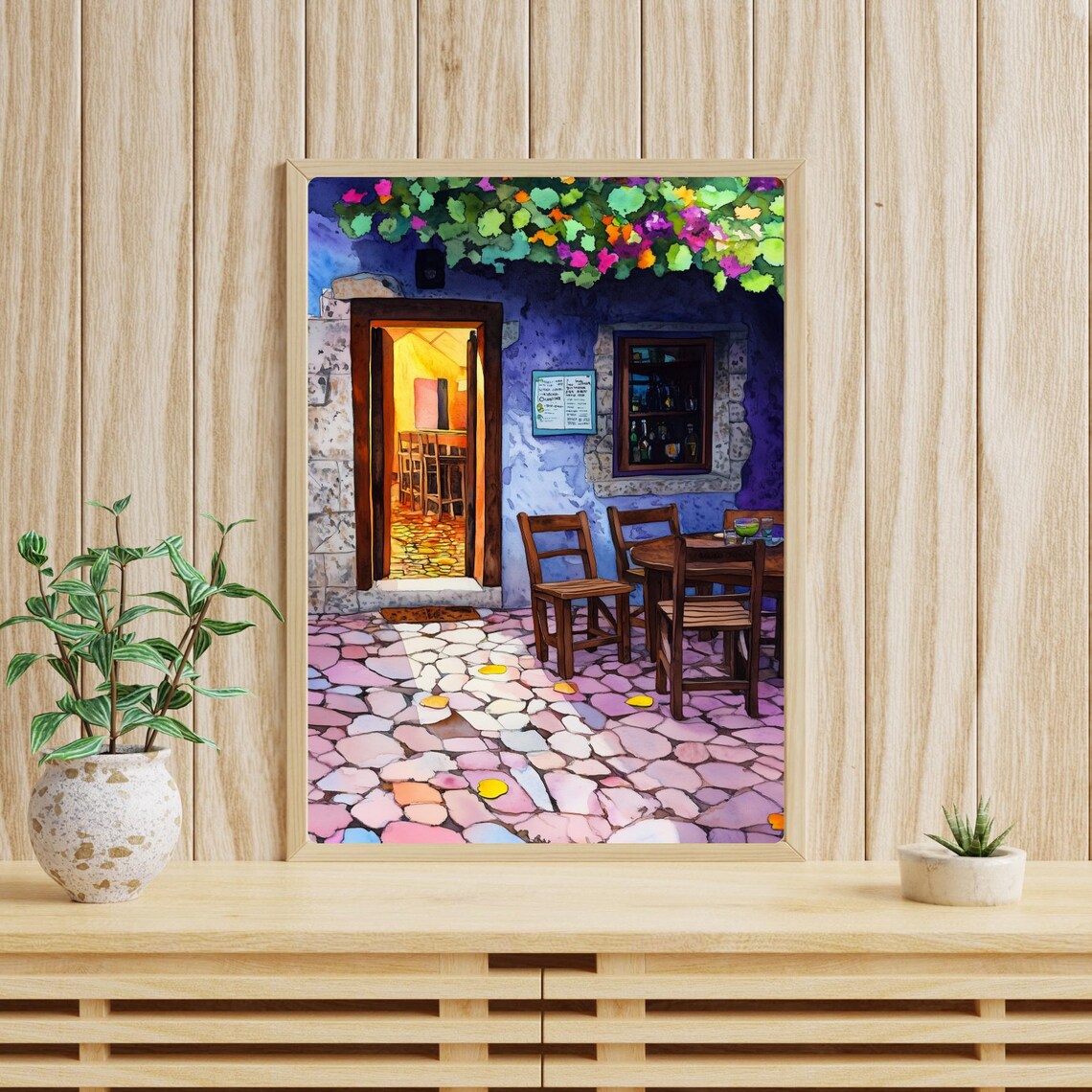 Cobblestone Bistro Patio Nighttime Cafe Terrace Scene Painting Poster - Image 4