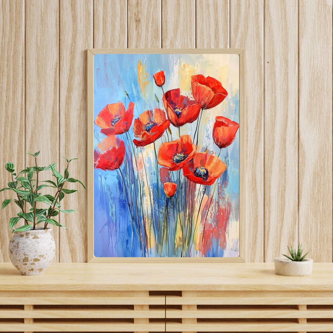 Red Poppy Watercolor Art Print, Blue Sky Modern Flower - Image 3