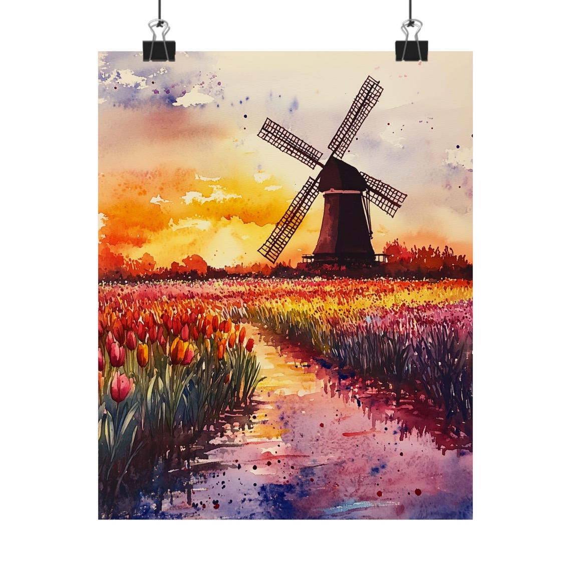 Dutch Windmill Sunset Over Colorful Tulip Fields Watercolor Poster
