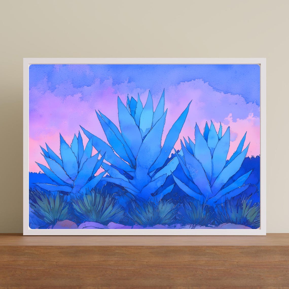 Three Blue Agave Plants Desert Sunset Pink Sky Watercolor Poster - Image 6