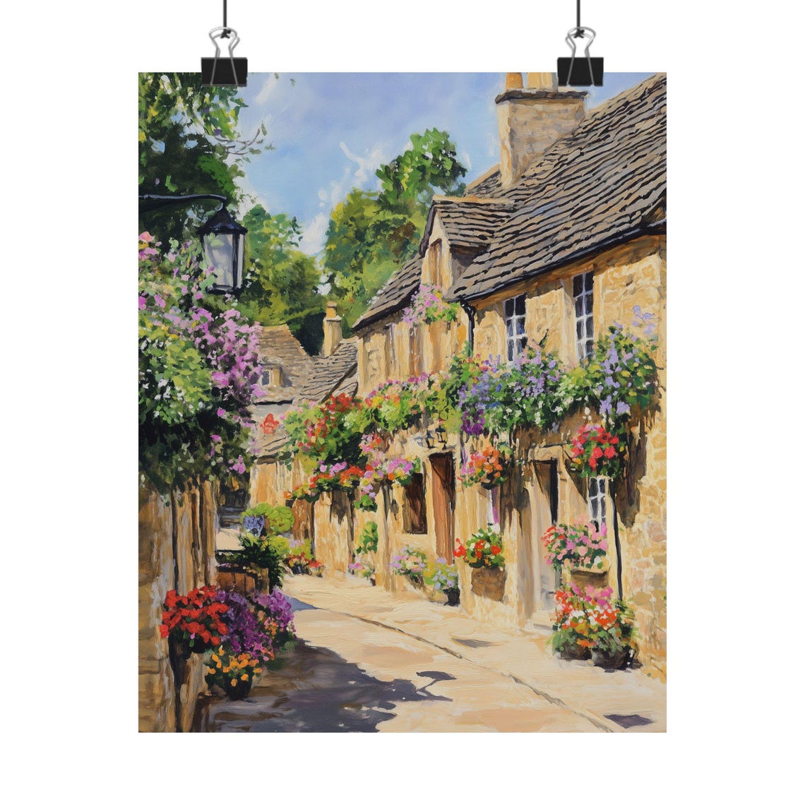 Cotswolds Stone Cottages Hanging Flower Baskets Street Poster