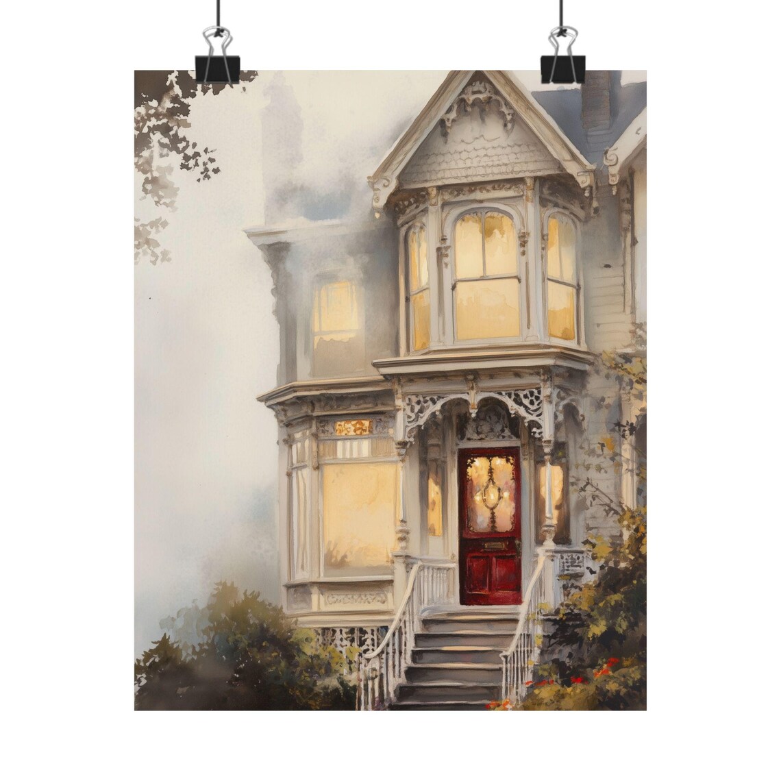 Victorian House in Fog Red Door Glowing Windows Watercolor Poster