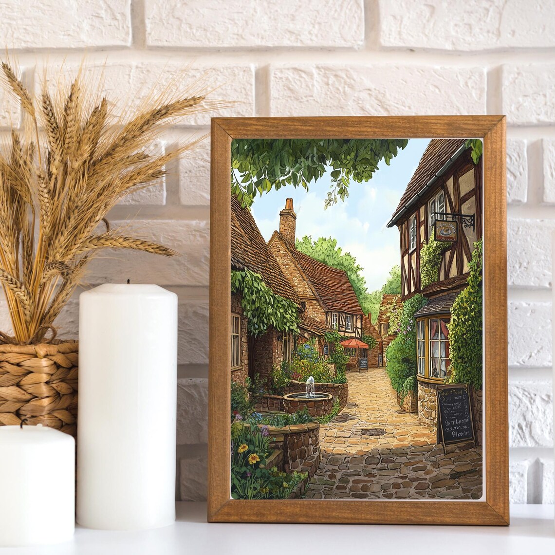 English Village Cobblestone Street Tudor Houses Fountain Poster - Image 3