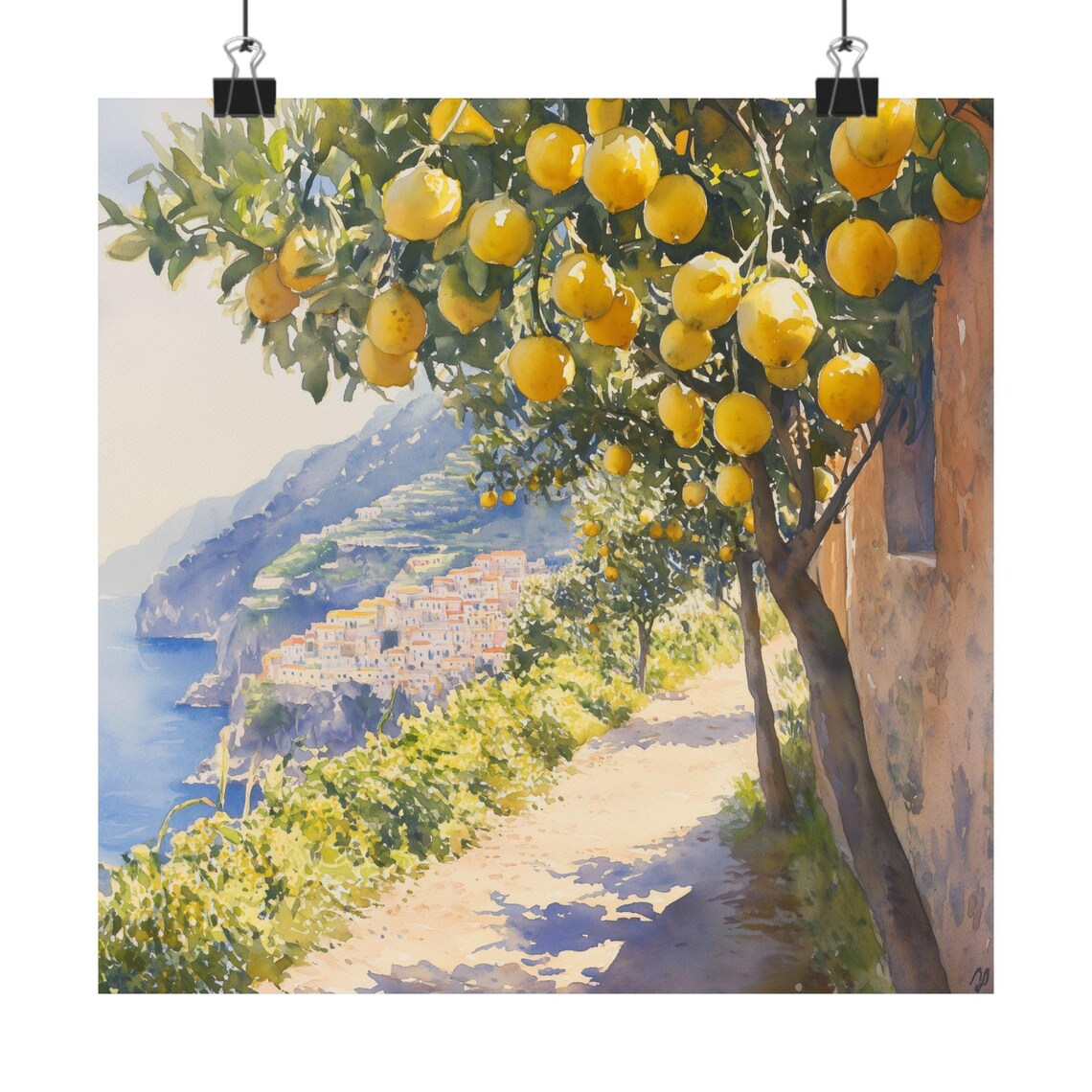 Lemon Tree Over Italian Coastal Village Sunny Watercolor Travel Poster