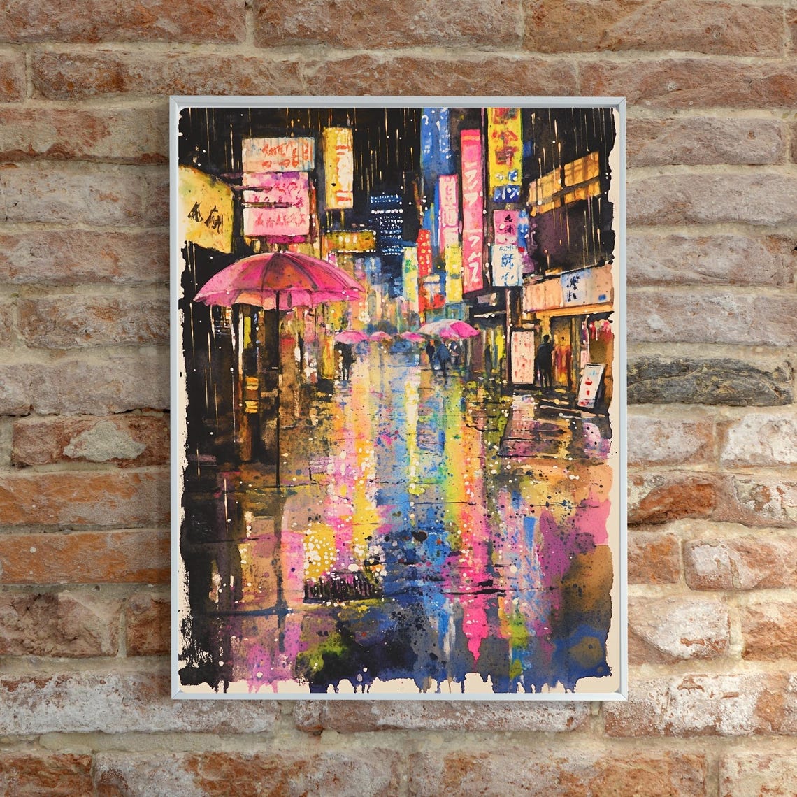 Tokyo Street Art Rainy Night Watercolor Painting Neon Lights City Print Umbrellas Scene Wall Decor Urban Japan Art Abstract Art - Image 4