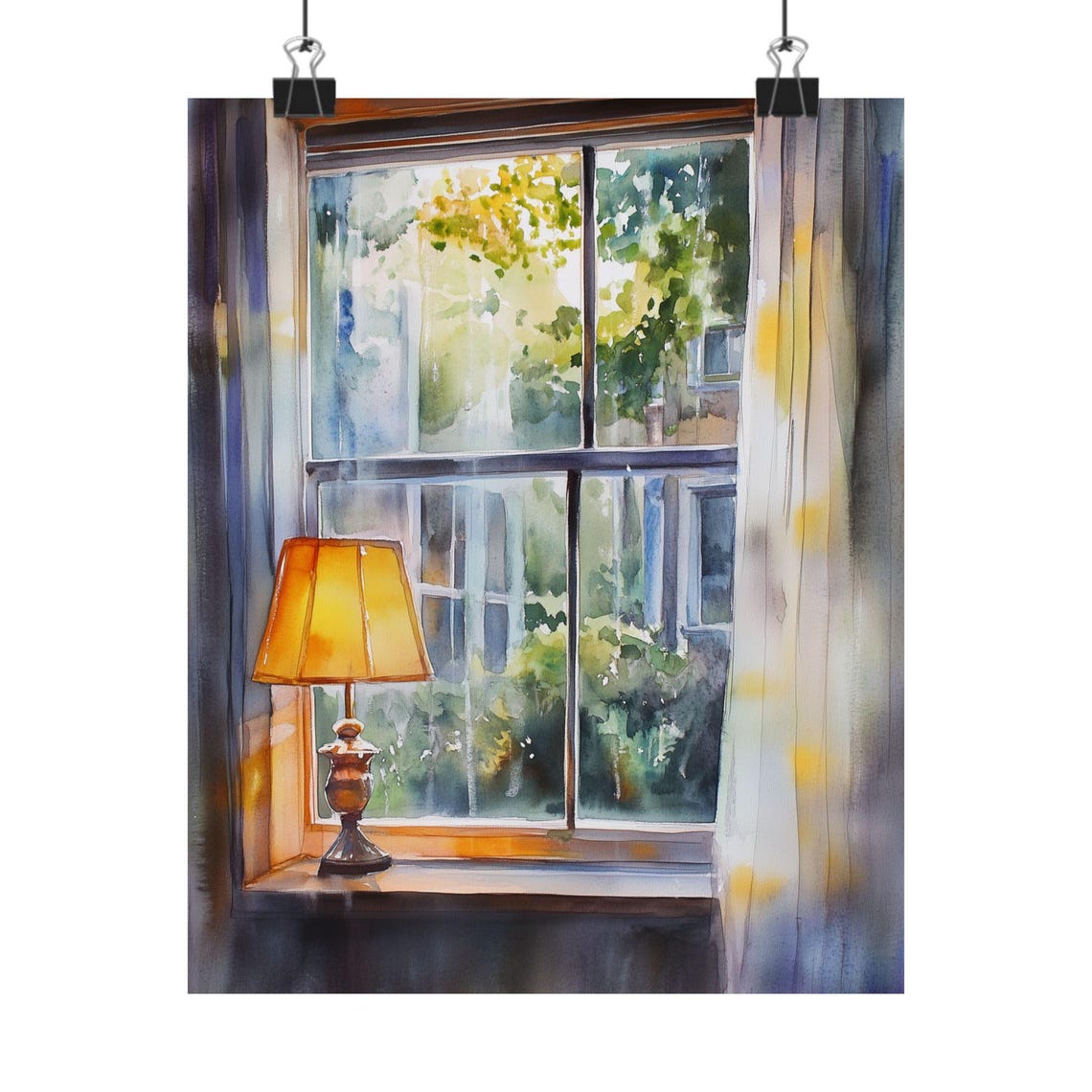 Rainy Day Window View Warm Lamp Watercolor Cozy Interior Poster