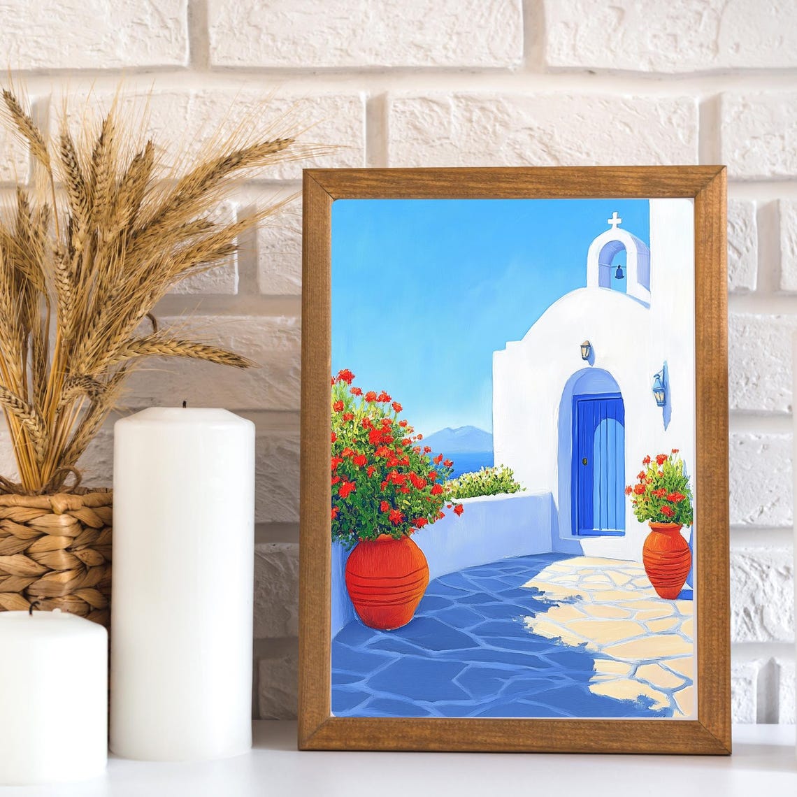 Santorini Greece White Church Blue Door Terracotta Geraniums Poster - Image 2