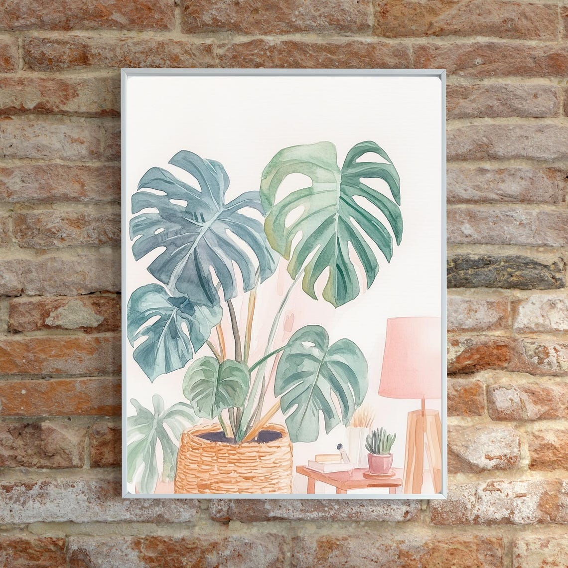 Blush Watercolor Monstera Plant in a Woven Wicker Basket Print - Image 6