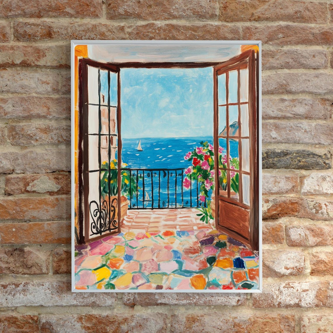 Mediterranean Terrace Doors Framing a Sailboat Sea View Poster - Image 5
