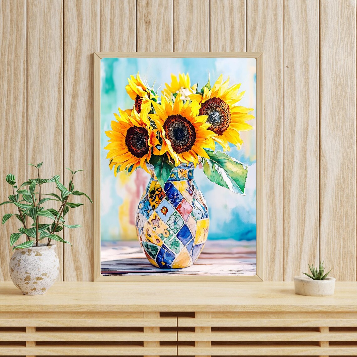 Sunflower Bouquet in Colorful Mosaic Vase Sunny Floral Poster - Image 4