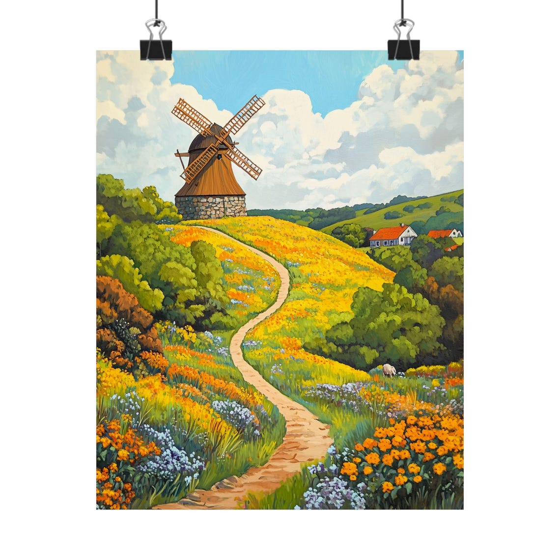 Sunny Windmill Wildflower Meadow Winding Path Landscape Poster