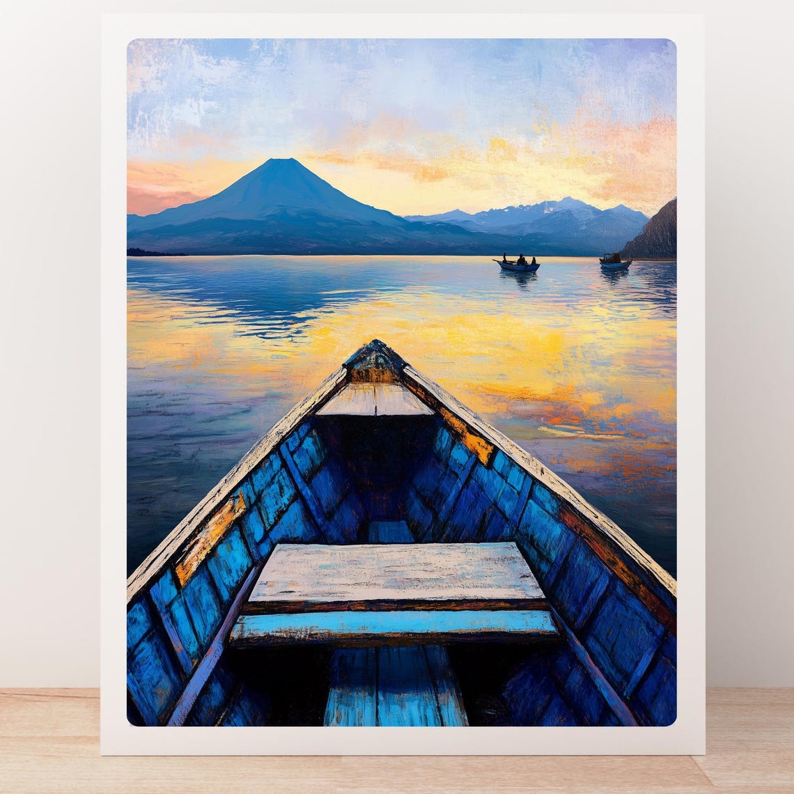 Lake Atitlan Sunrise View from a Blue Boat Toward the Volcano Poster - Image 4