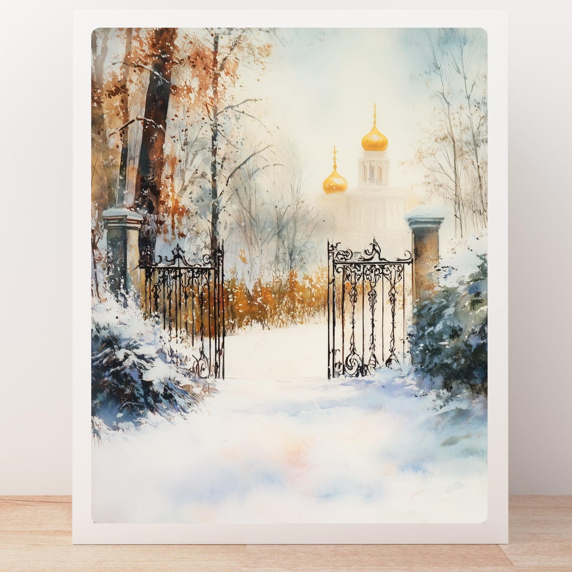 Russian Winter Palace Art Snowy Garden Scene Painting Golden Domes Print Ornate Iron Gates Wall Decor Eastern Orthodox Art - Image 4