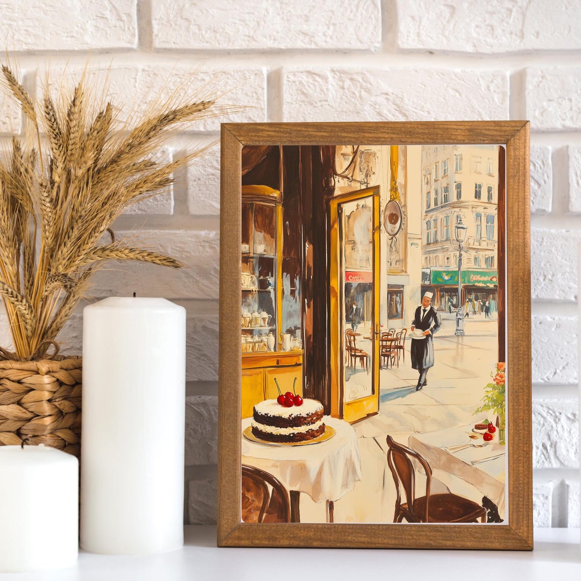 Viennese Cafe Interior with Cherry Cake and Waiter Painting Poster - Image 2