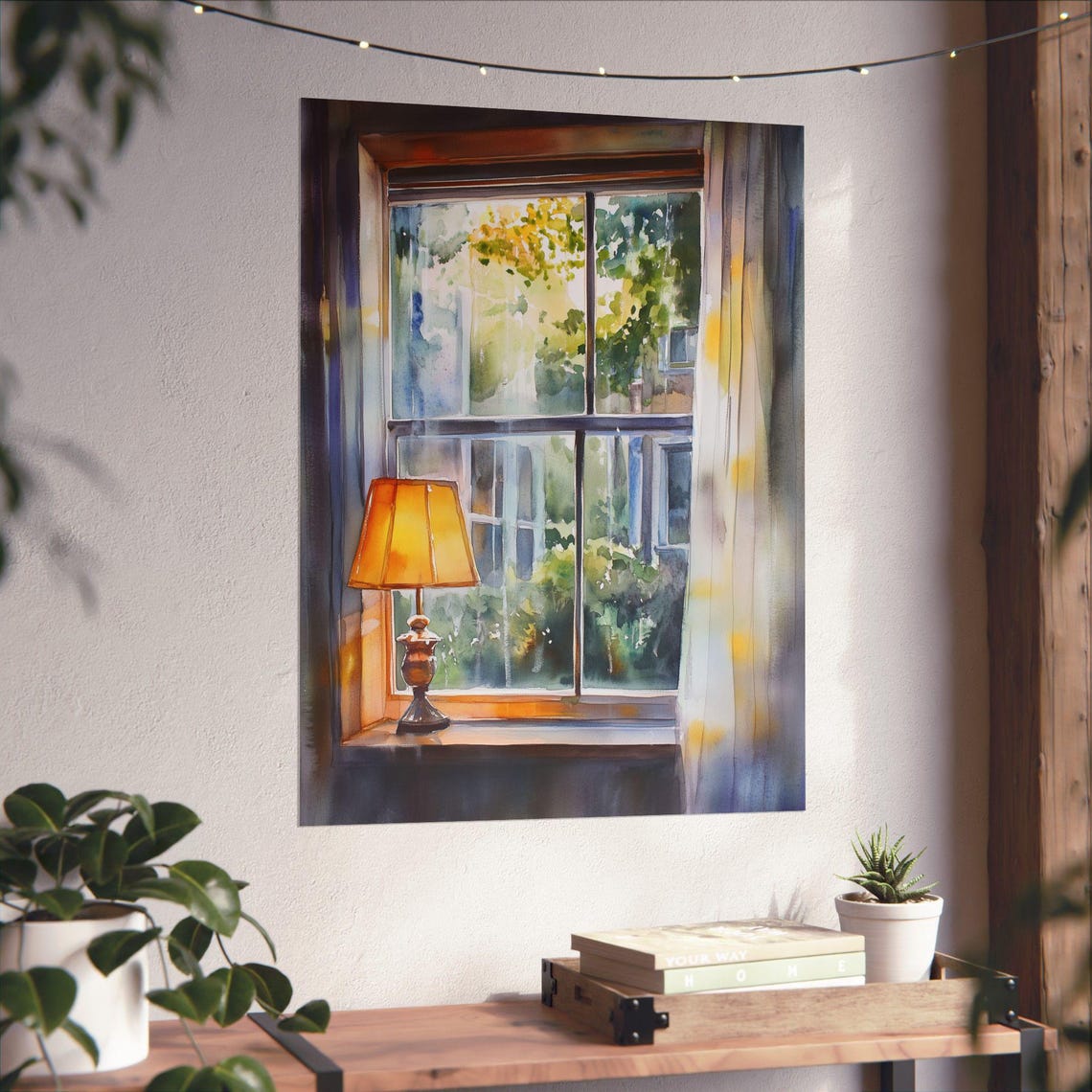 Rainy Day Window View Warm Lamp Watercolor Cozy Interior Poster - Image 6