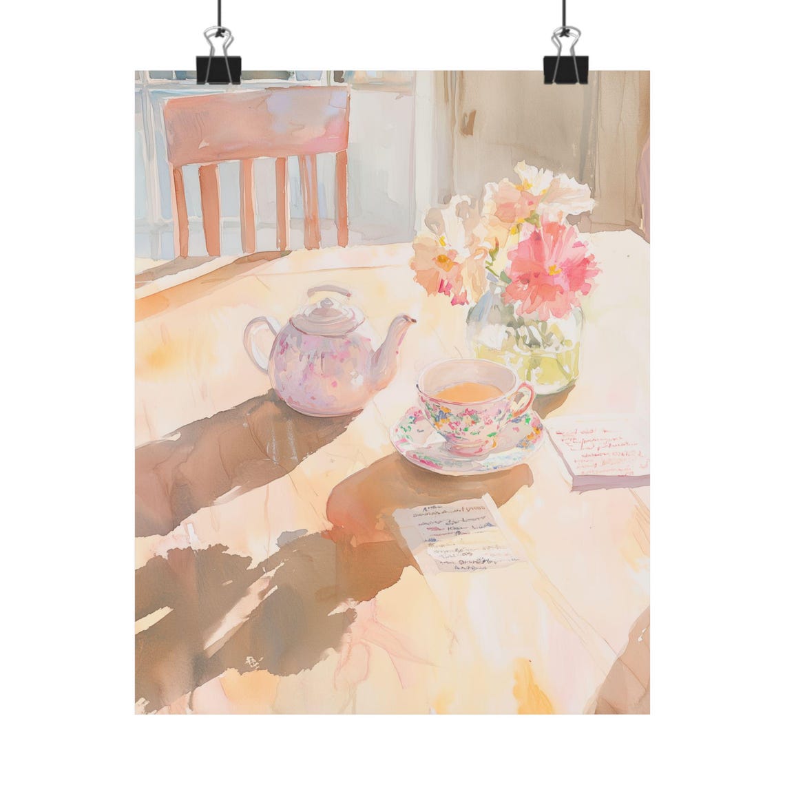 Delicate Floral Teapot and Teacup Set in Soft Morning Light Poster