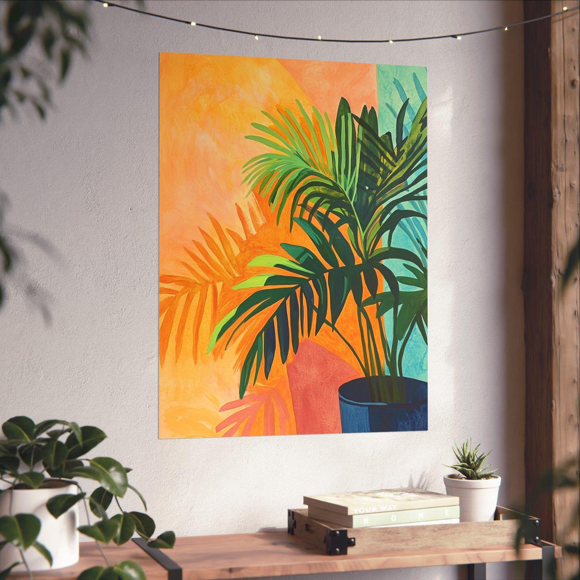 Potted Palm Fronds Casting Shadows on a Bright Orange Wall Poster - Image 6