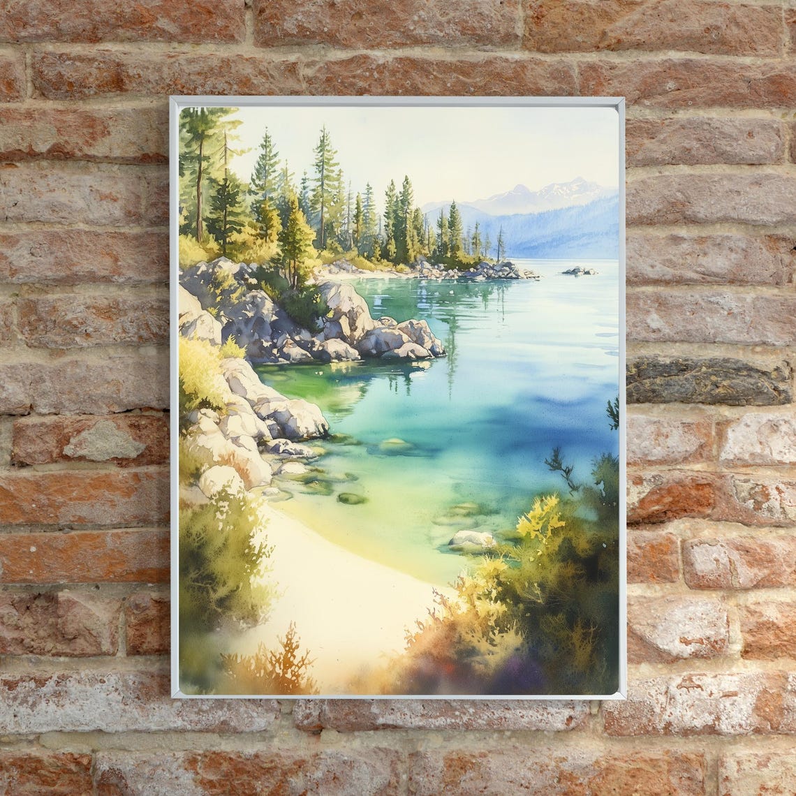 Lake Tahoe Turquoise Cove Pine Trees Rocks Mountain Watercolor Poster