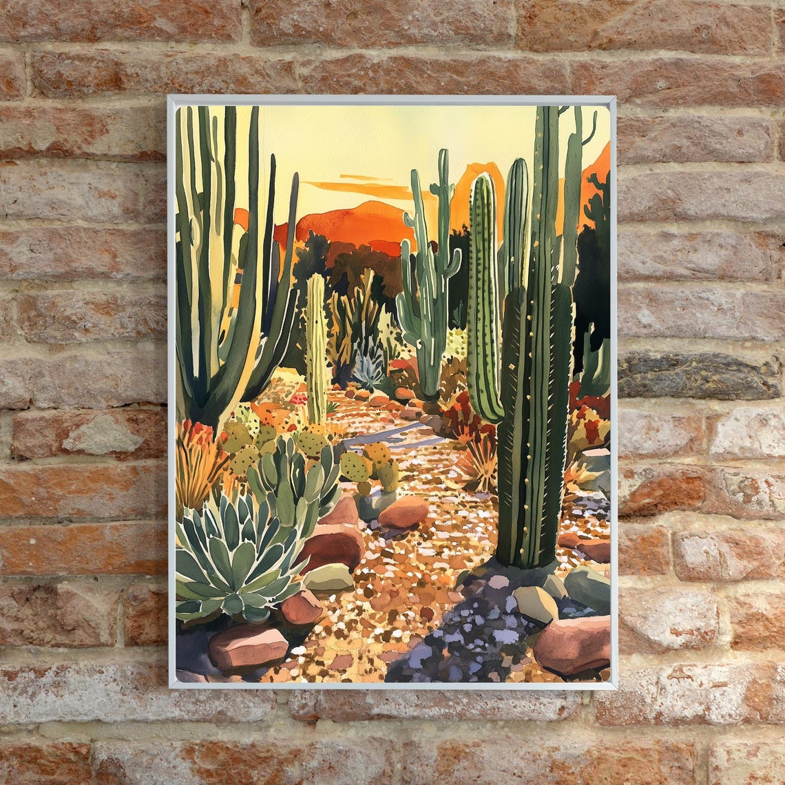 Desert Sunset Cactus Garden with Saguaros Gouache Painting Poster - Image 6
