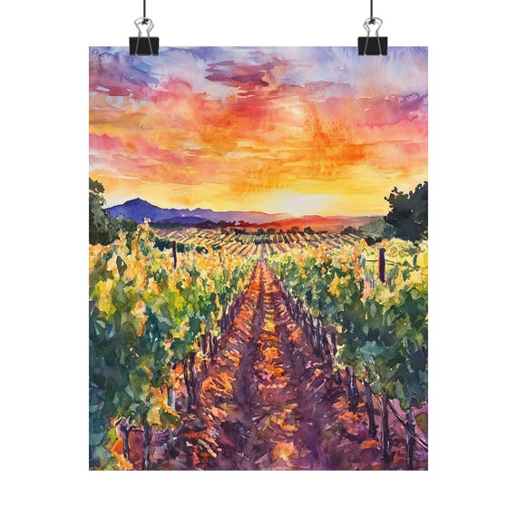 Sunset Over Vineyard Watercolor Painting Golden Hour Wall Art Winery Landscape Print Country Sunset Decor Vineyard Field View