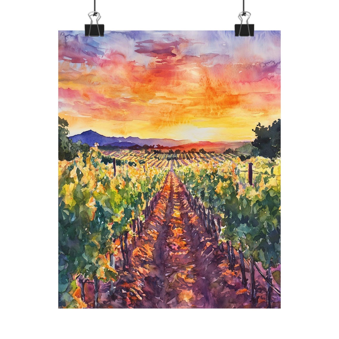 Vineyard Sunset Golden Rows Rolling Hills Watercolor Landscape Poster