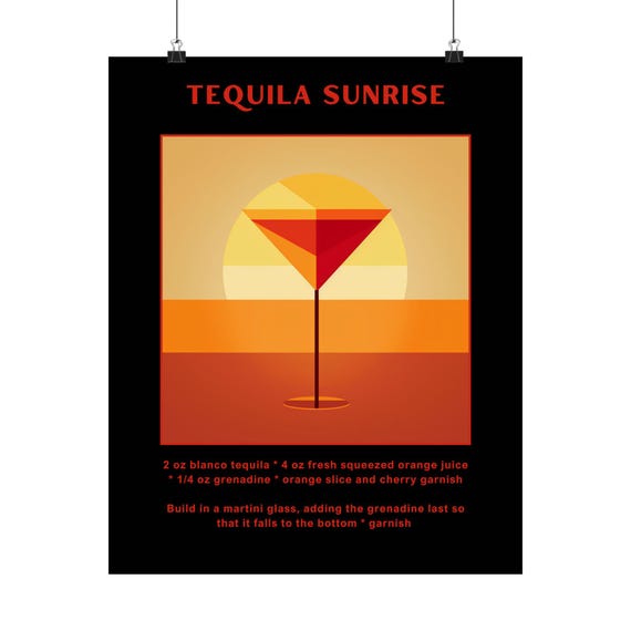 Tequila Sunrise Cocktail Matte Minimalist Poster Print Recipe Print Classic Cocktail Print Home Bar Print