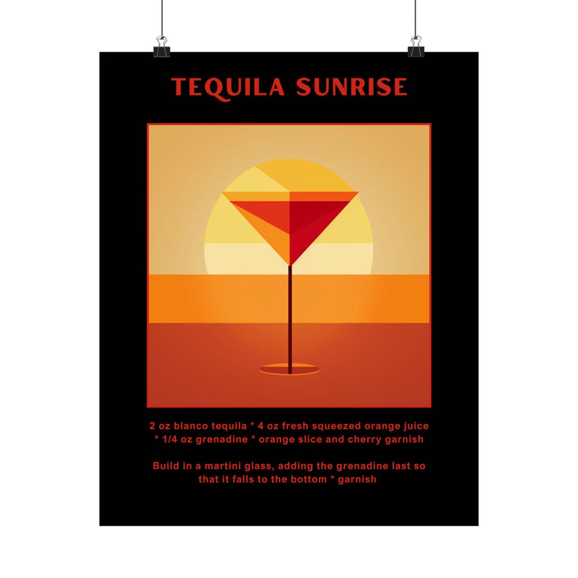 Tequila Sunrise Cocktail Matte Minimalist Poster Print Recipe Print Classic Cocktail Print Home Bar Print
