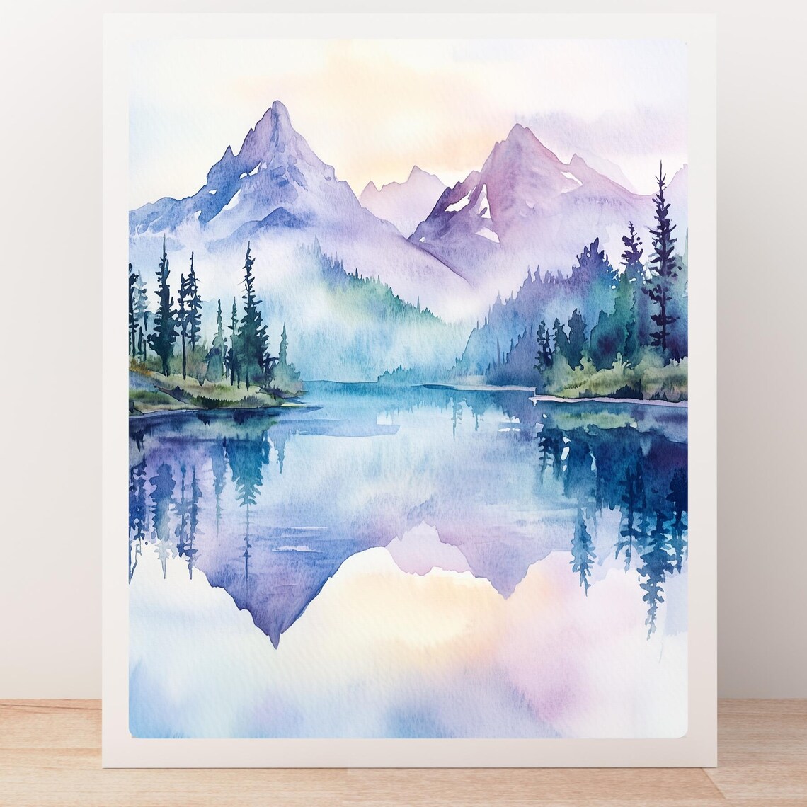 Misty Mountain Lake Reflection Peaks Watercolor Landscape Poster - Image 5