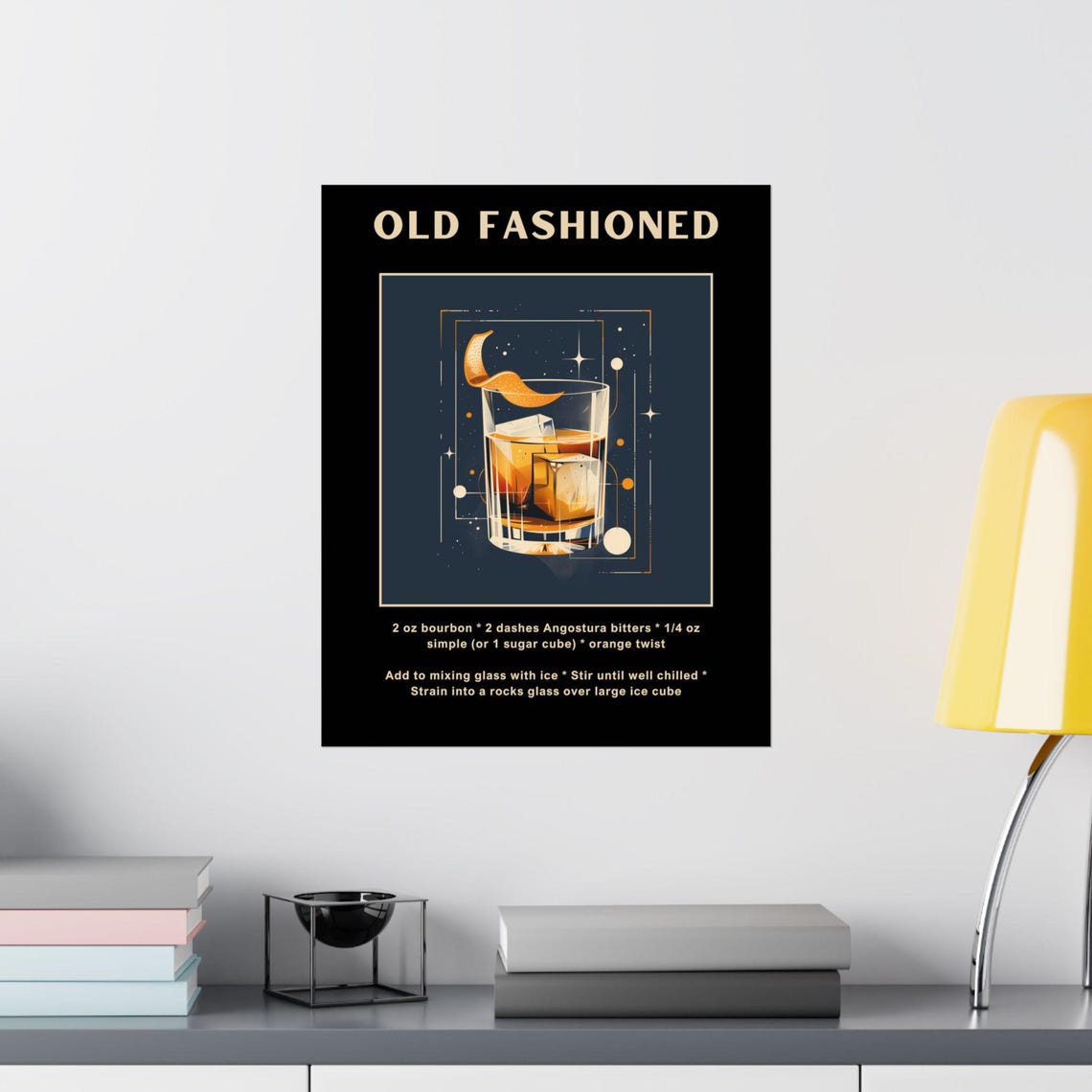 Old Fashioned Cocktail Recipe Poster Whiskey Rocks Glass Decor - Image 2