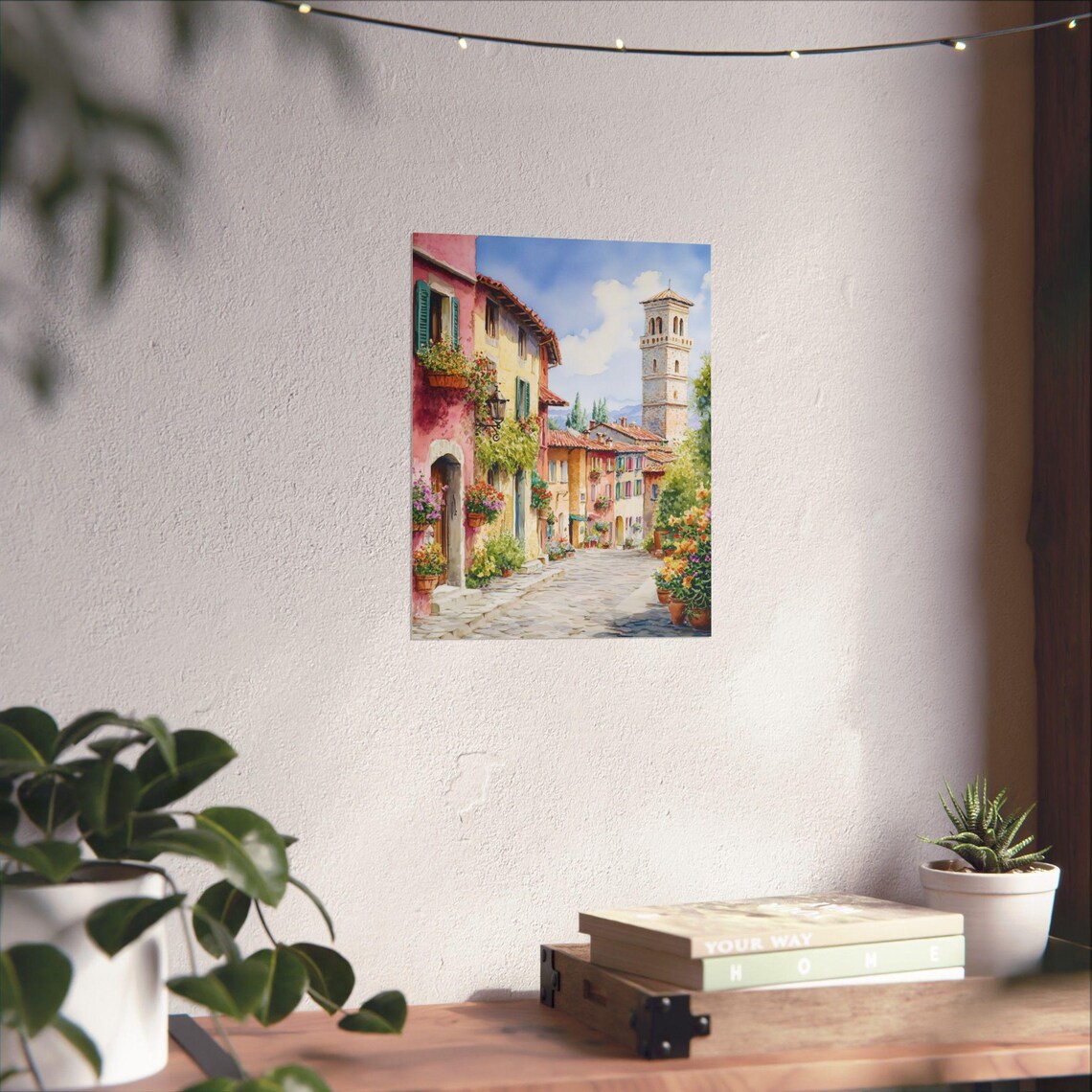 Colorful Italian Village Street with Bell Tower Watercolor Poster - Image 3