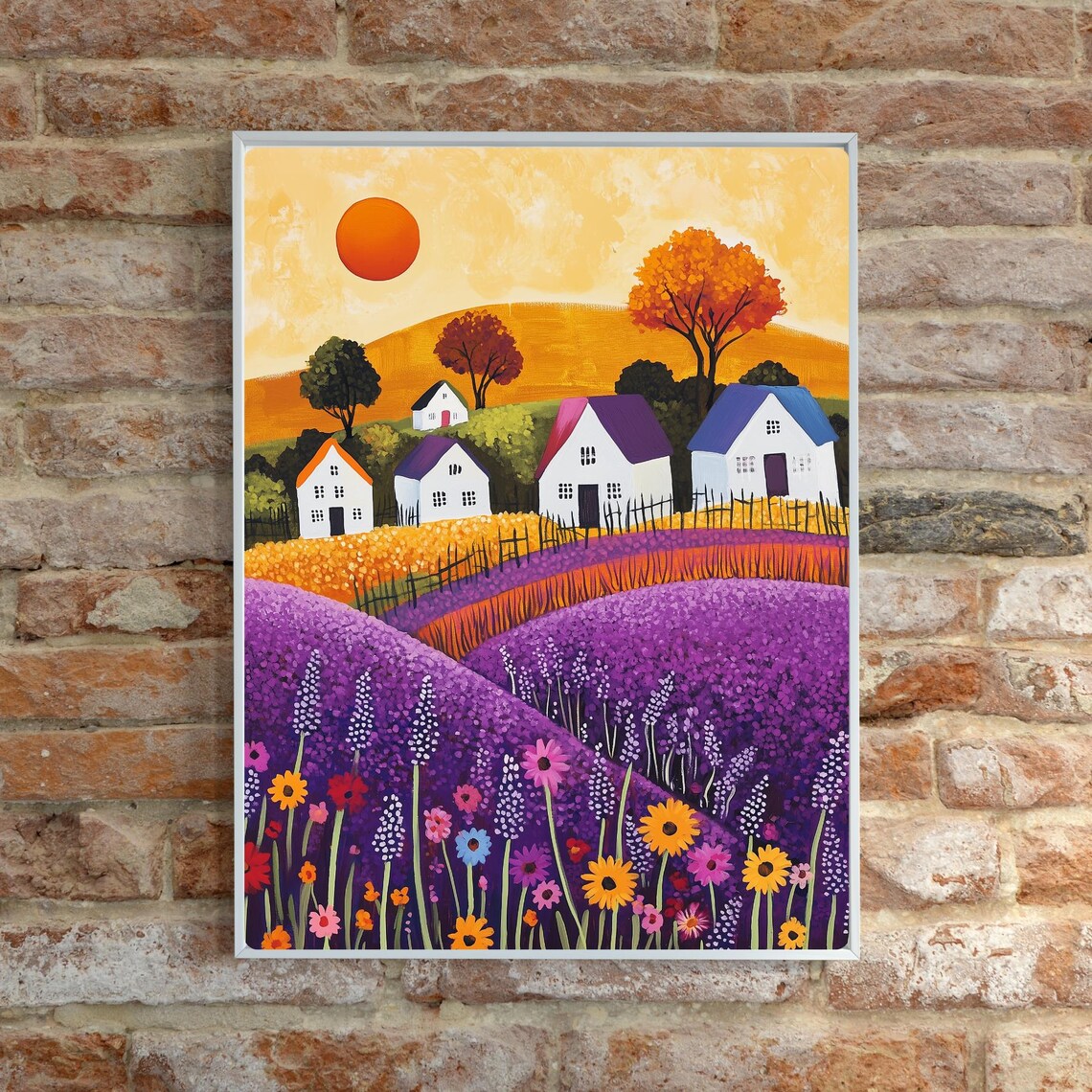 Whimsical Folk Art Village Houses in Purple Lavender Fields Poster - Image 6