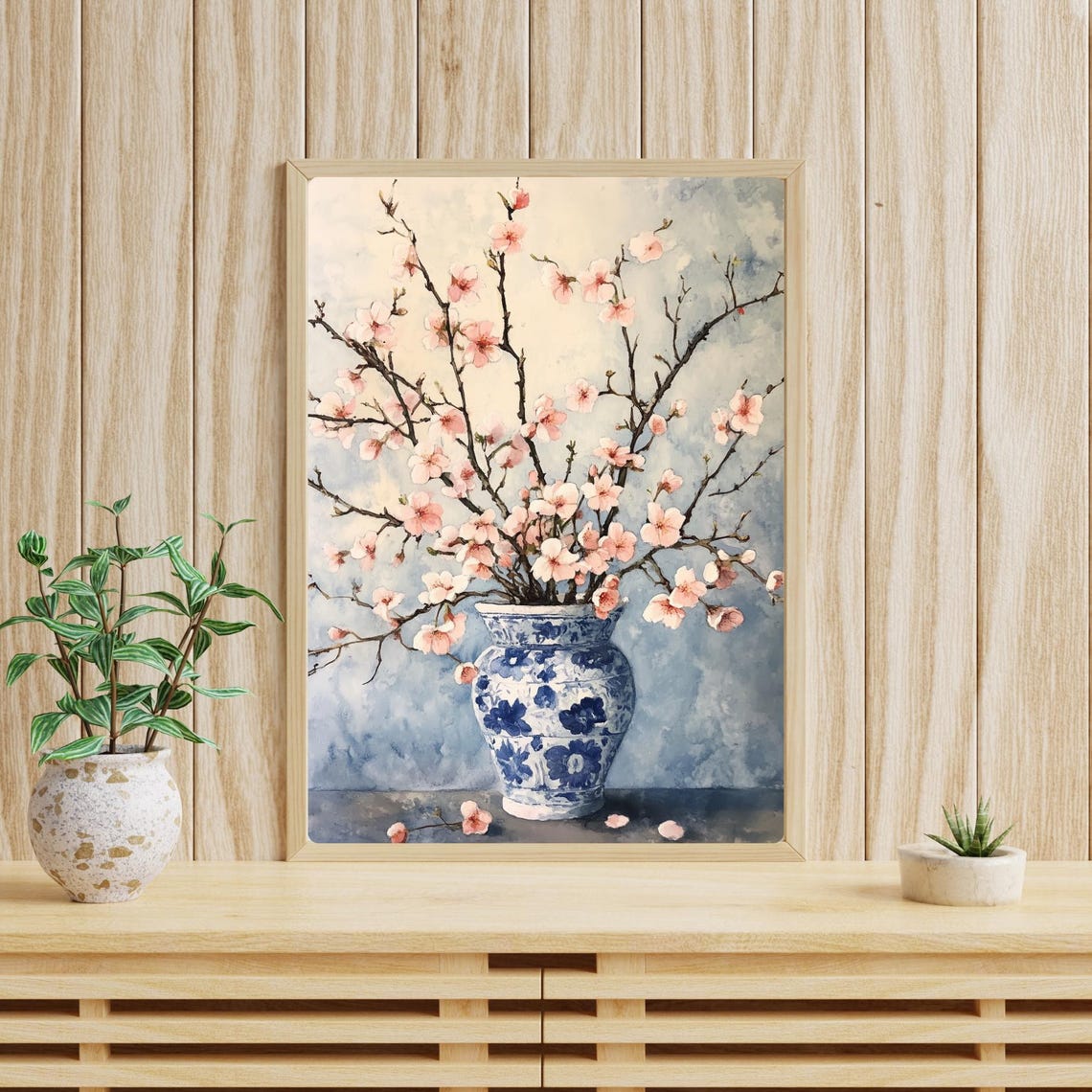 Cherry Blossom Branches in a Blue and White Porcelain Vase Print - Image 3
