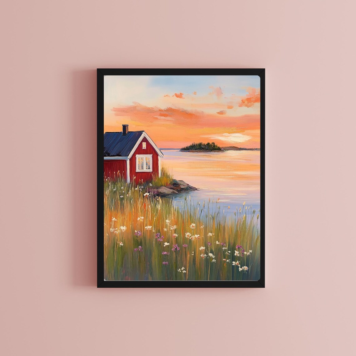Classic Red Coastal Cabin at Sunset Wildflowers Calm Sea Poster - Image 2