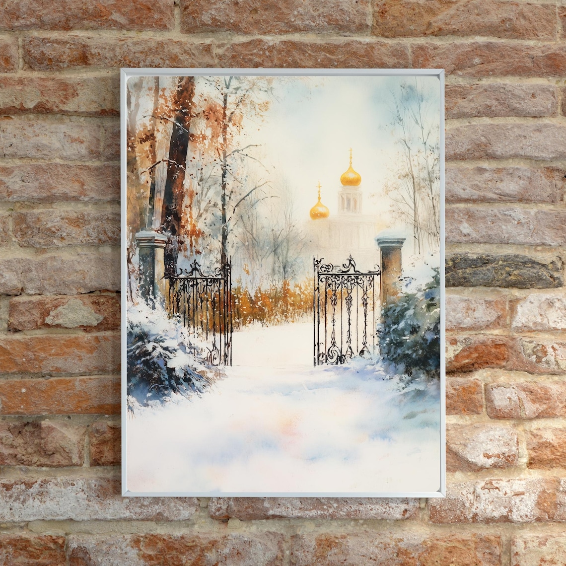 Snowy Wrought Iron Garden Gates Golden Domed Church Winter Poster - Image 5
