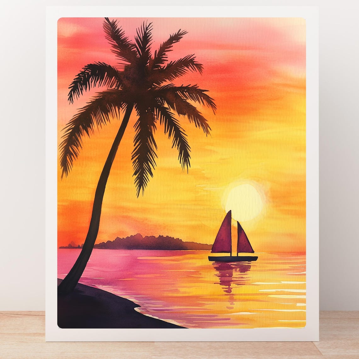 Tropical Sunset Sailboat Palm Silhouette Ocean Beach Watercolor Poster - Image 5