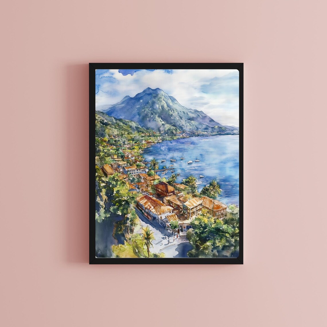 Lake Atitlan Guatemala Aerial Lakeside Town Volcano Watercolor Poster - Image 2