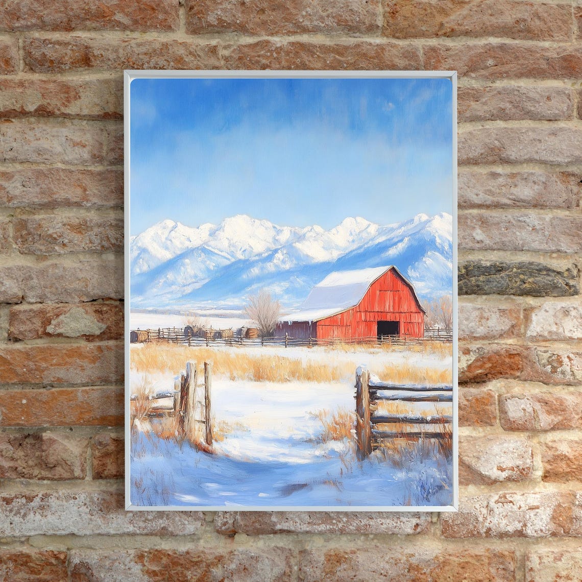 Red Barn in Winter Snow Snowcapped Mountains Wooden Fences Poster - Image 5