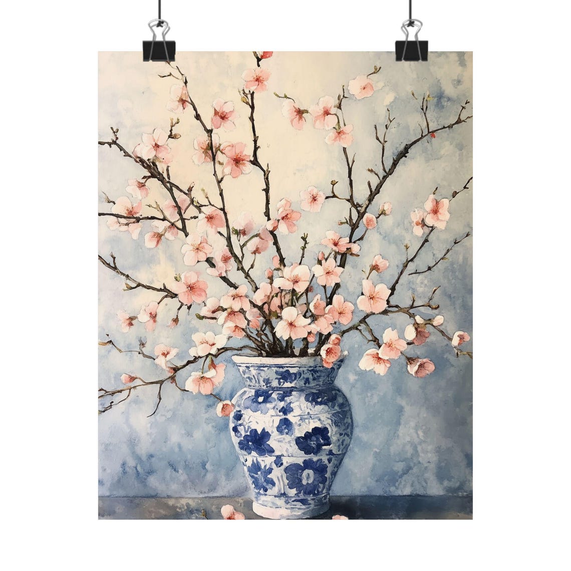 Cherry Blossom Branches in a Blue and White Porcelain Vase Print