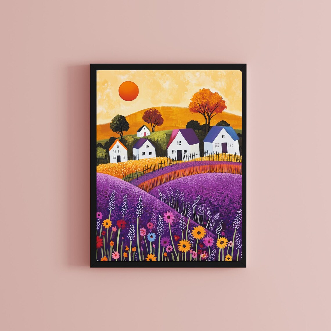 Whimsical Folk Art Village Houses in Purple Lavender Fields Poster - Image 2