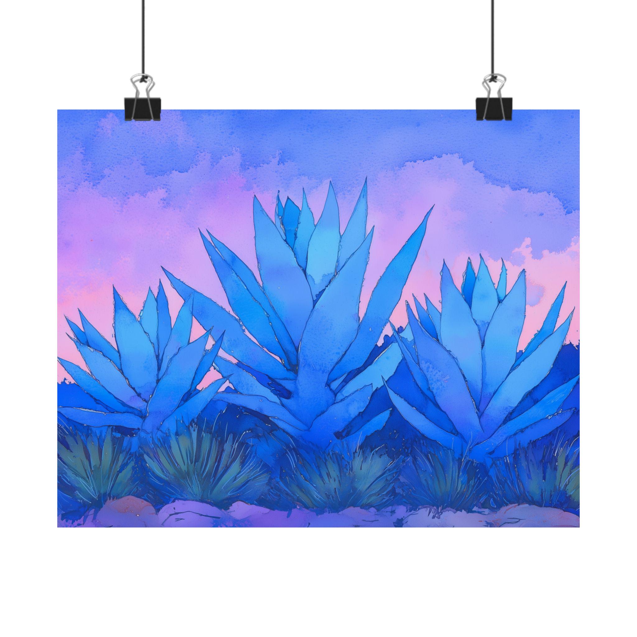 Three Blue Agave Plants Desert Sunset Pink Sky Watercolor Poster