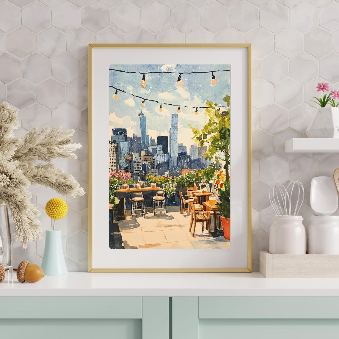 New York City Rooftop Bar with Skyline and String Lights Poster - Image 6