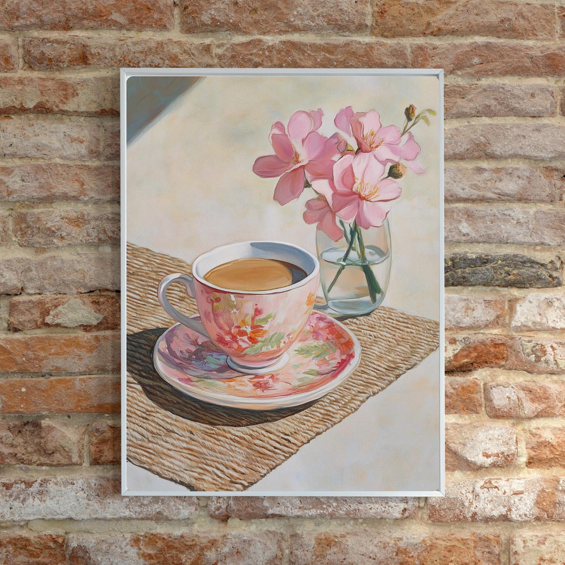 Pink Floral Teacup Blossoms Sunlit Woven Mat Painting Poster - Image 6