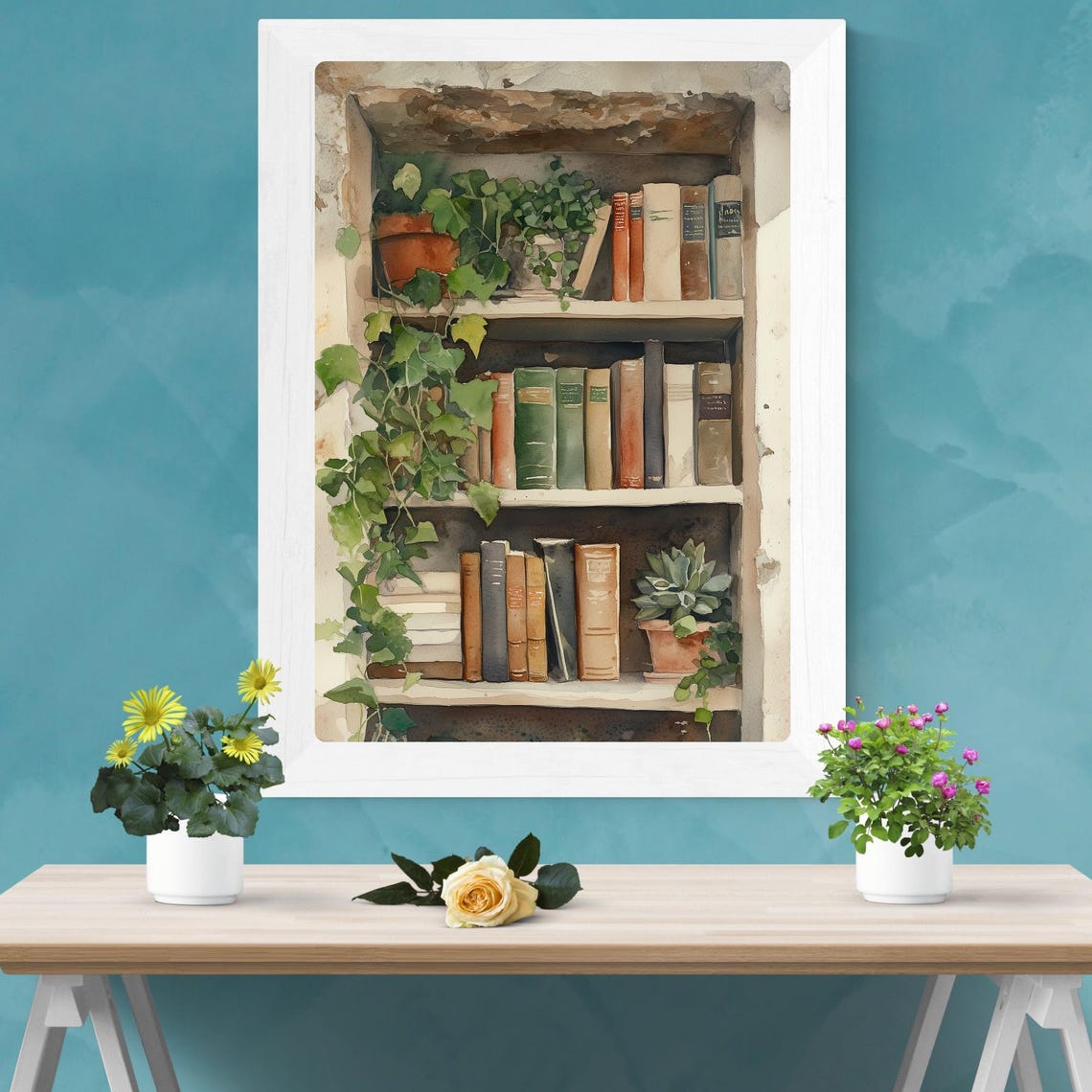 Antique Bookshelf Trailing Ivy Potted Plants Watercolor Library Poster - Image 2