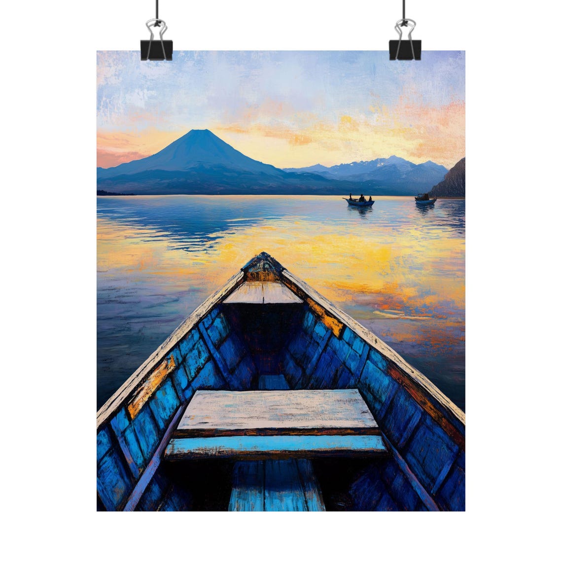 Lake Atitlan Sunrise View from a Blue Boat Toward the Volcano Poster