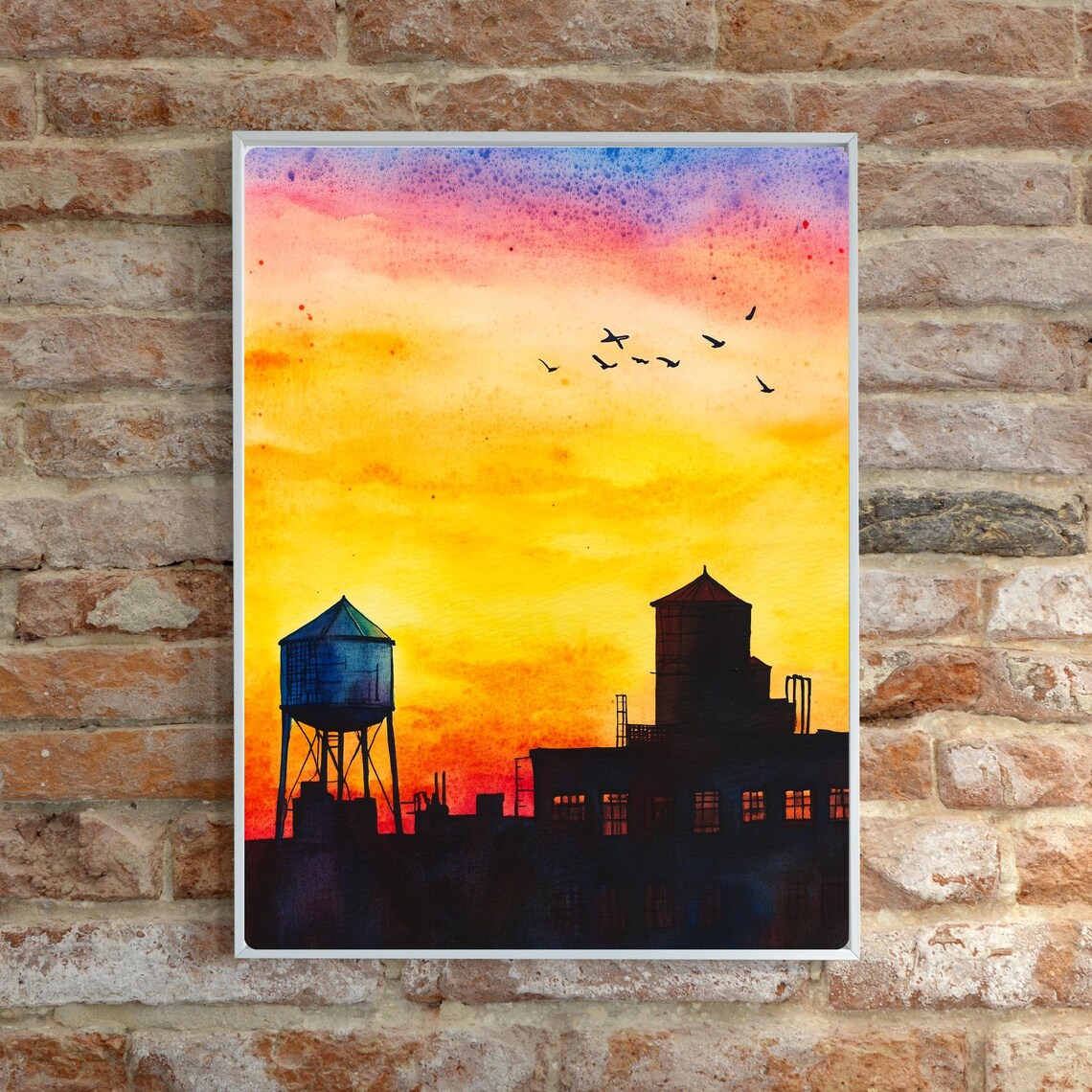 Urban Rooftop Sunset Silhouette Water Towers Birds Watercolor Poster - Image 3
