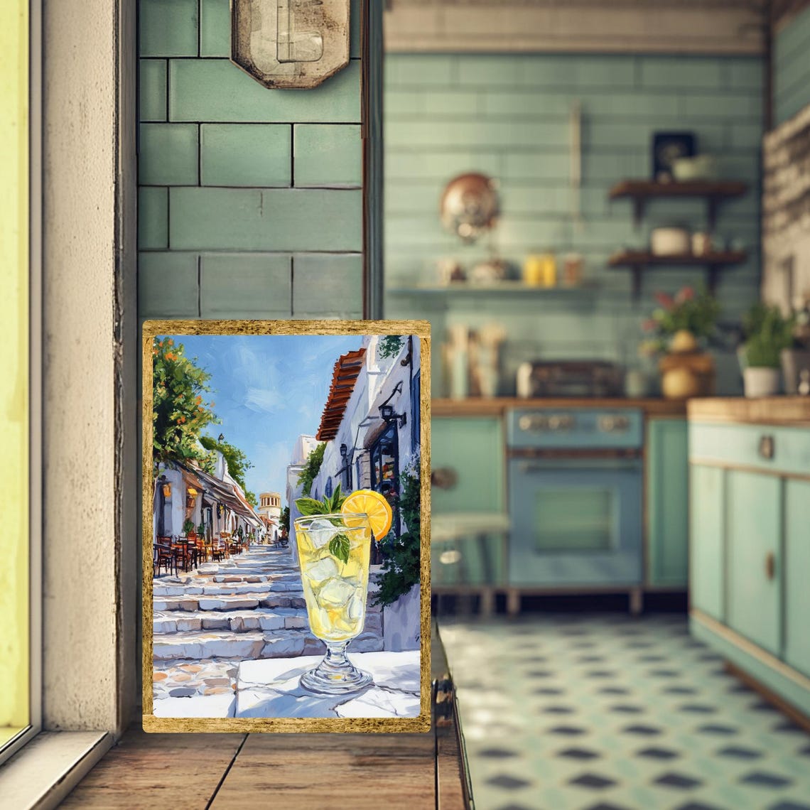 Icy Lemon Cocktail on a Sunlit Whitewashed Greek Street Poster - Image 3