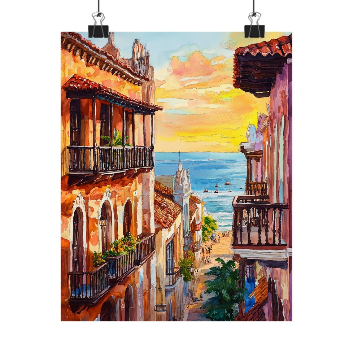 Colonial Street Leading to the Sea in Cartagena at Sunset Poster